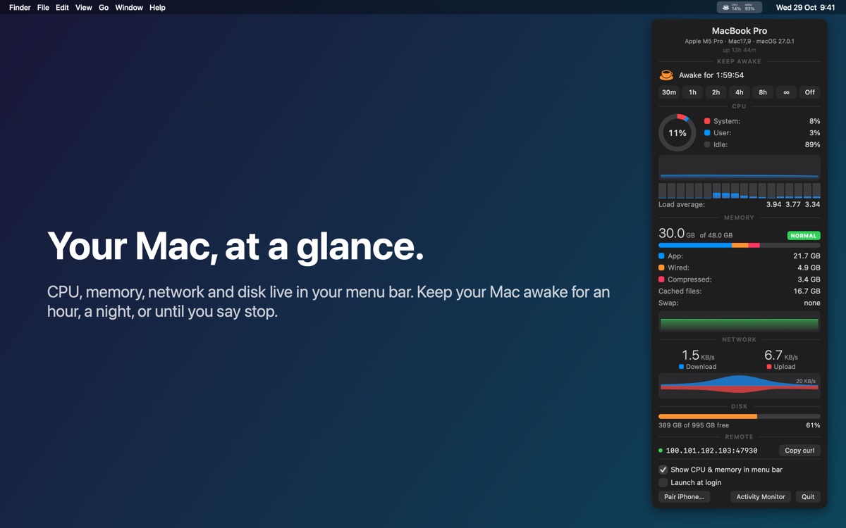 Stay Up Stats macOS panel with CPU, memory, network, and keep-awake controls
